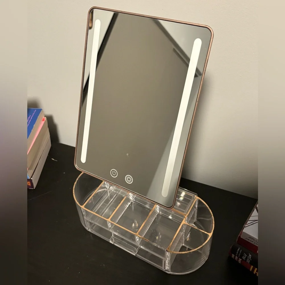 LED Makeup Mirror with Organizer - Rose Gold